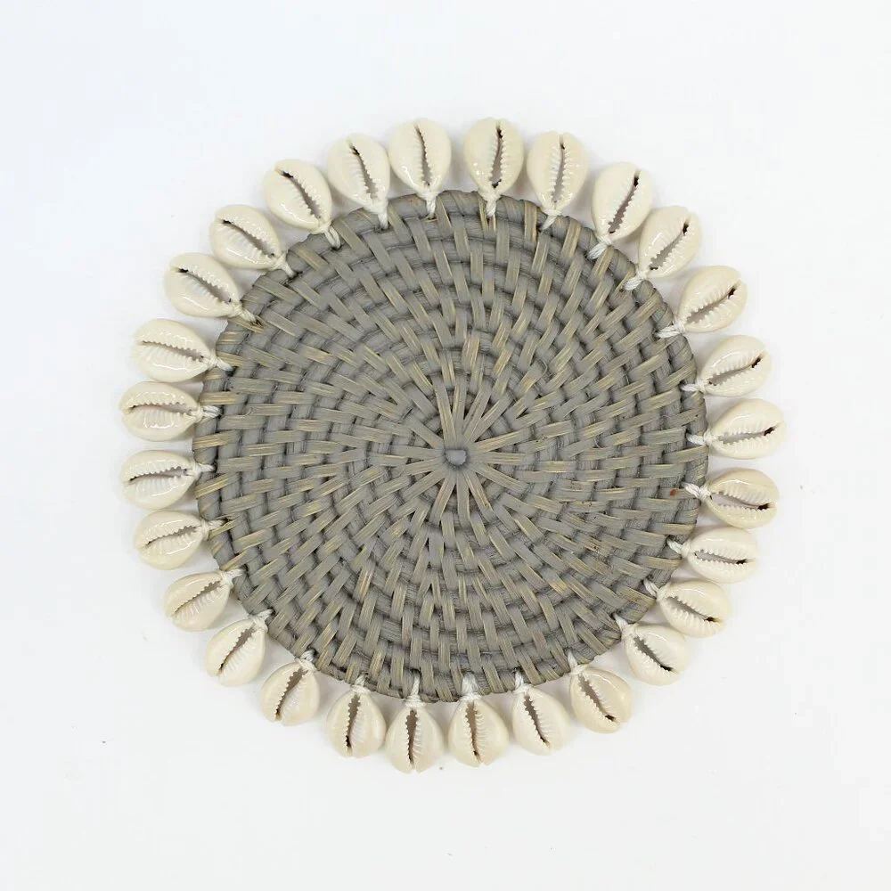 NEW Set of 4-Premium Coasters-Seashell-Trimmed Rattan-Grey-Eco Handcraft
